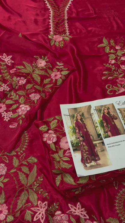 Silk Embroidered 2pc Article Kaftan Style Maroon Color