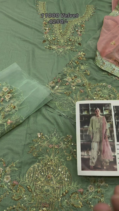 11000 Velvet Embroidered Luxury 3pc Article With silk Trouser Pista color