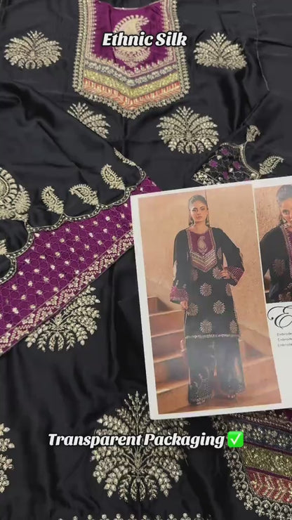Ethnic Silk Luxury Embroidered Dress Purple Neckline