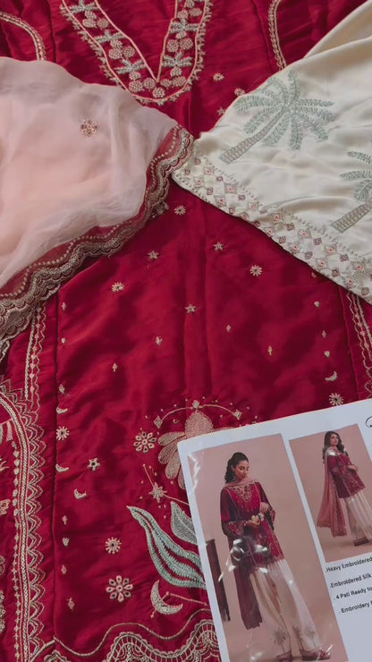 Silk Embroidered Luxury 3pc Article With Chiffon Embroidered Duppata Red Color with Pink Dupatta